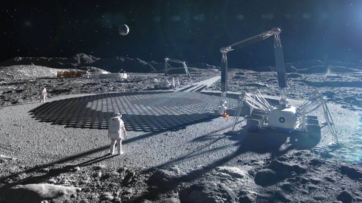 Artist&#039;s illustration of ICON&#039;s envisioned Project Olympus lunar construction system in action on the moon.