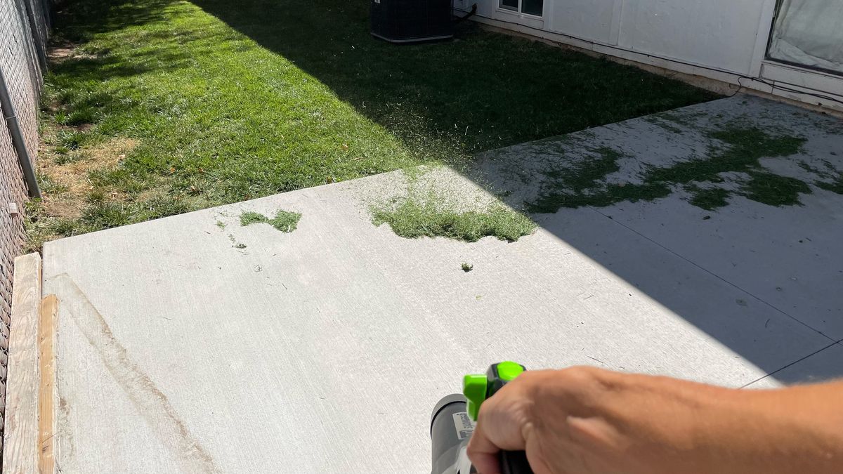 removing grass from back patio with the Greenworks Pro 80v