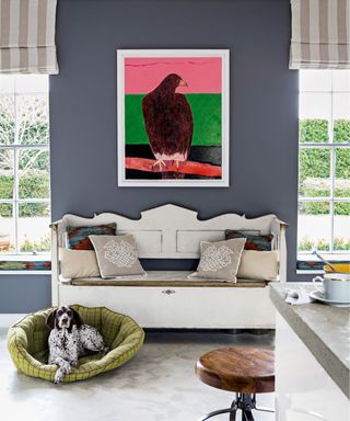 A brown and white spaniel on a green dog bed in a modern grey living room with bright colorful artwork, white painted shabby chic bench with assorted cushions, round wooden stool next to a countertop and large windows with view of garden behind, with beige and white striped blinds