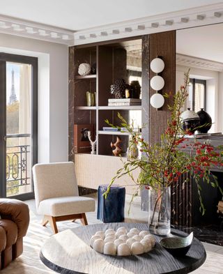 modern shelving in a elegant living room with decor