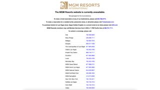 The MGM Resorts website. It is a white page carrying a notice apologizing for the website outage, which goes on to list the phone numbers for all of MGM Resorts' hotels and casinos.
