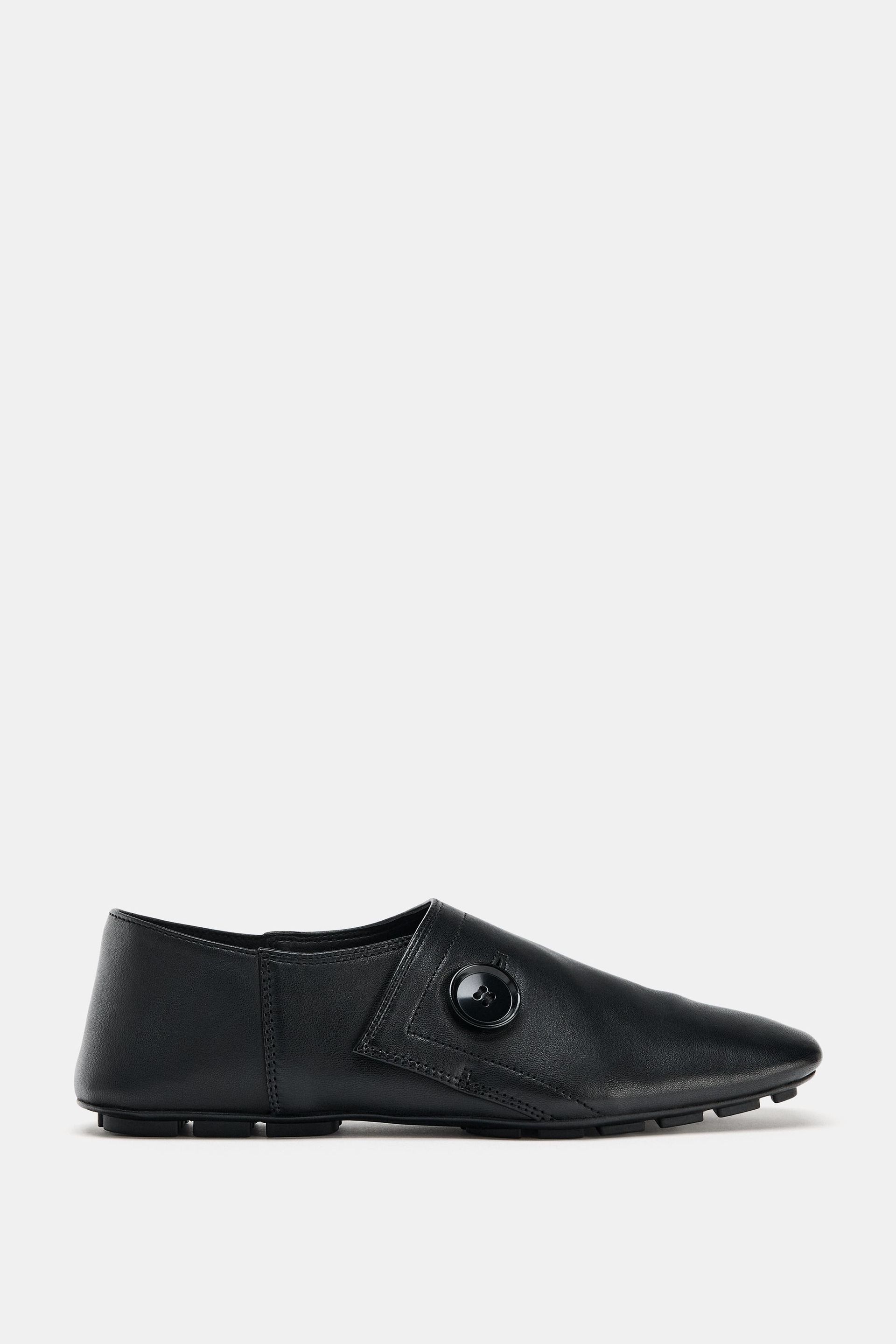 Flat Leather Shoes With Button Detail