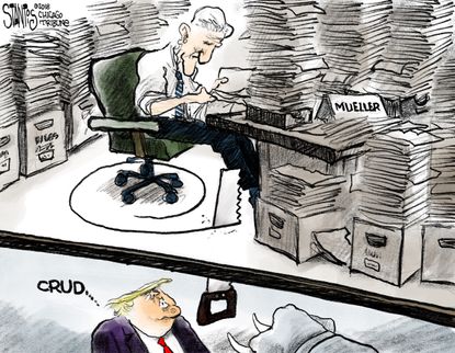 Political cartoon U.S. Trump obstruction Mueller FBI Russia investigation