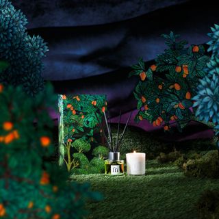 A candle and diffuser from the Templespa Joyful Moment gift set pictured on a backdrop inspired by a Mediterranean garden at night