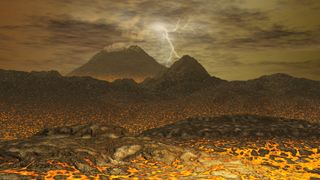 Artist's illustration of the surface of Venus shows a hot barren landscape with a volcano structure in the background and a lightning strike reaching down from the thick hazy atmosphere.
