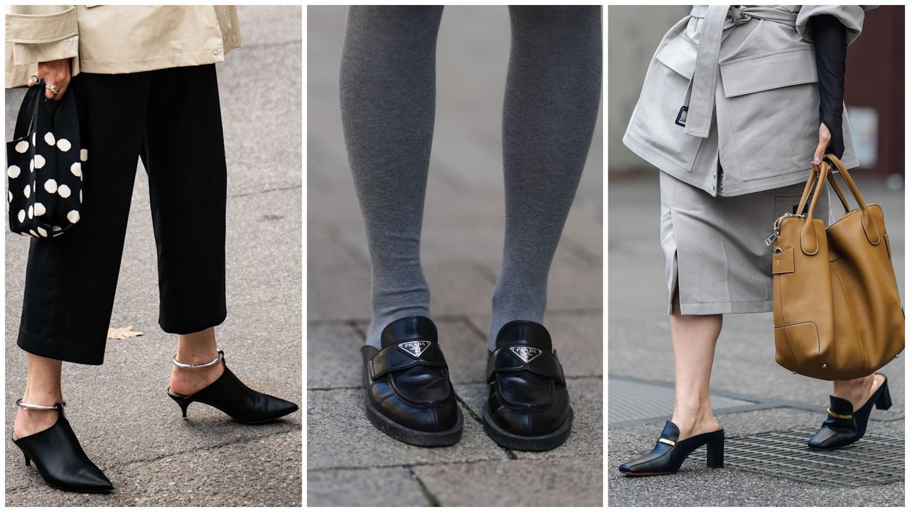 a woman wearing black kitten heel mules, a woman wearing black Prada slide mules, a woman wearing heeled loafer mules