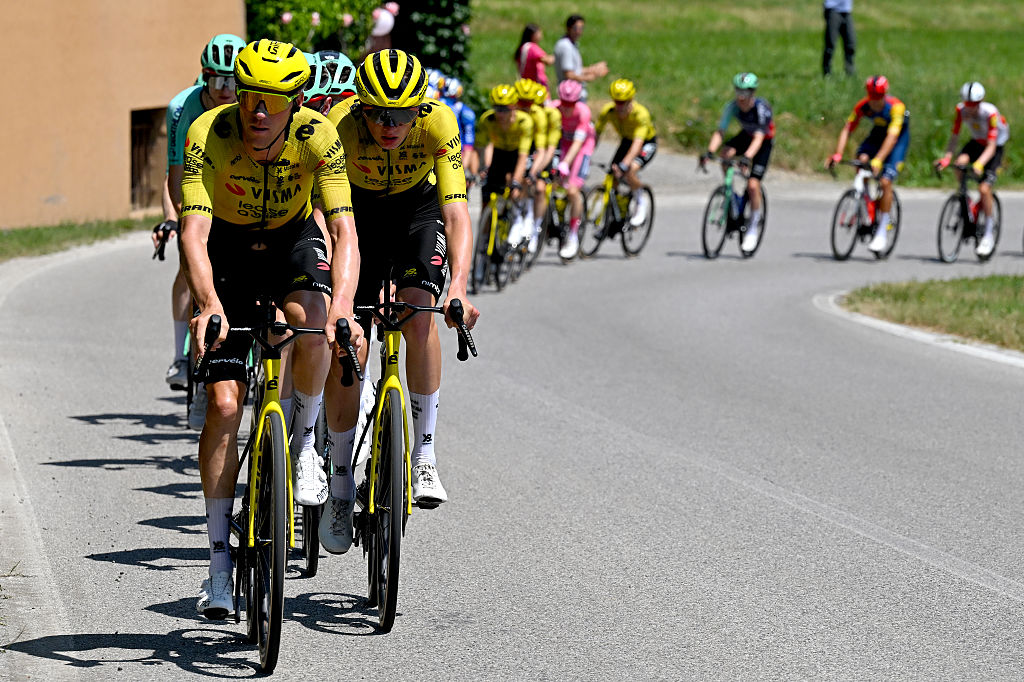 PIANCAVALLO, ITALY - MAY 30: Timo Kielich of Belgium and Team Visma | Lease a Bike leads the peloton during the 109th Giro d&amp;amp;apos;Italia 2026, Stage 20 a 200km stage from Gemona del Friuli to Piancavallo 1289m / #UCIWT / on May 30, 2026 in Piancavallo, Italy. (Photo by Tim de Waele/Getty Images)