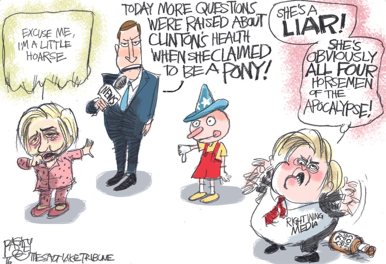 Political cartoon U.S. 2016 election Hillary Clinton liar four horsemen Pinocchio disapproves