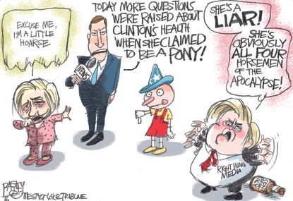 Political cartoon U.S. 2016 election Hillary Clinton liar four horsemen Pinocchio disapproves