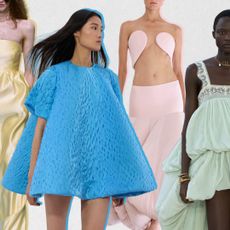 A graphic of the spring 2025 color trends of mocha mousse, tangerine, sunbeam, azure, pale pink, and linchen at Fendi, Dries Van Noten, Prada, Loewe, Aläia, Chloé Spring 2025 runway shows