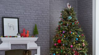 Gray living room with Christmas tree with a novelty llama Christmas tree topper