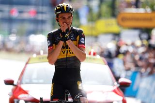 ANDORRELAVIEILLE ANDORRA JULY 11 Sepp Kuss of The United States and Team JumboVisma stage winner celebrates at arrival during the 108th Tour de France 2021 Stage 15 a 1913km stage from Cret to AndorrelaVieille LeTour TDF2021 on July 11 2021 in AndorrelaVieille Andorra Photo by Chris GraythenGetty Images