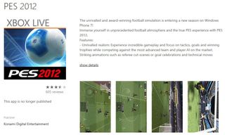 PES 2012 WP delisted store page