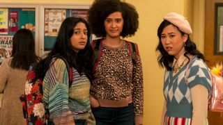 From left, Maitreyi Ramakrishnan as Devi Vishwakumar, Lee Rodriguez as Fabiola Torres, and Ramona Young as Eleanor Wong in Season 2 of "Never Have I Ever" on Netflix.