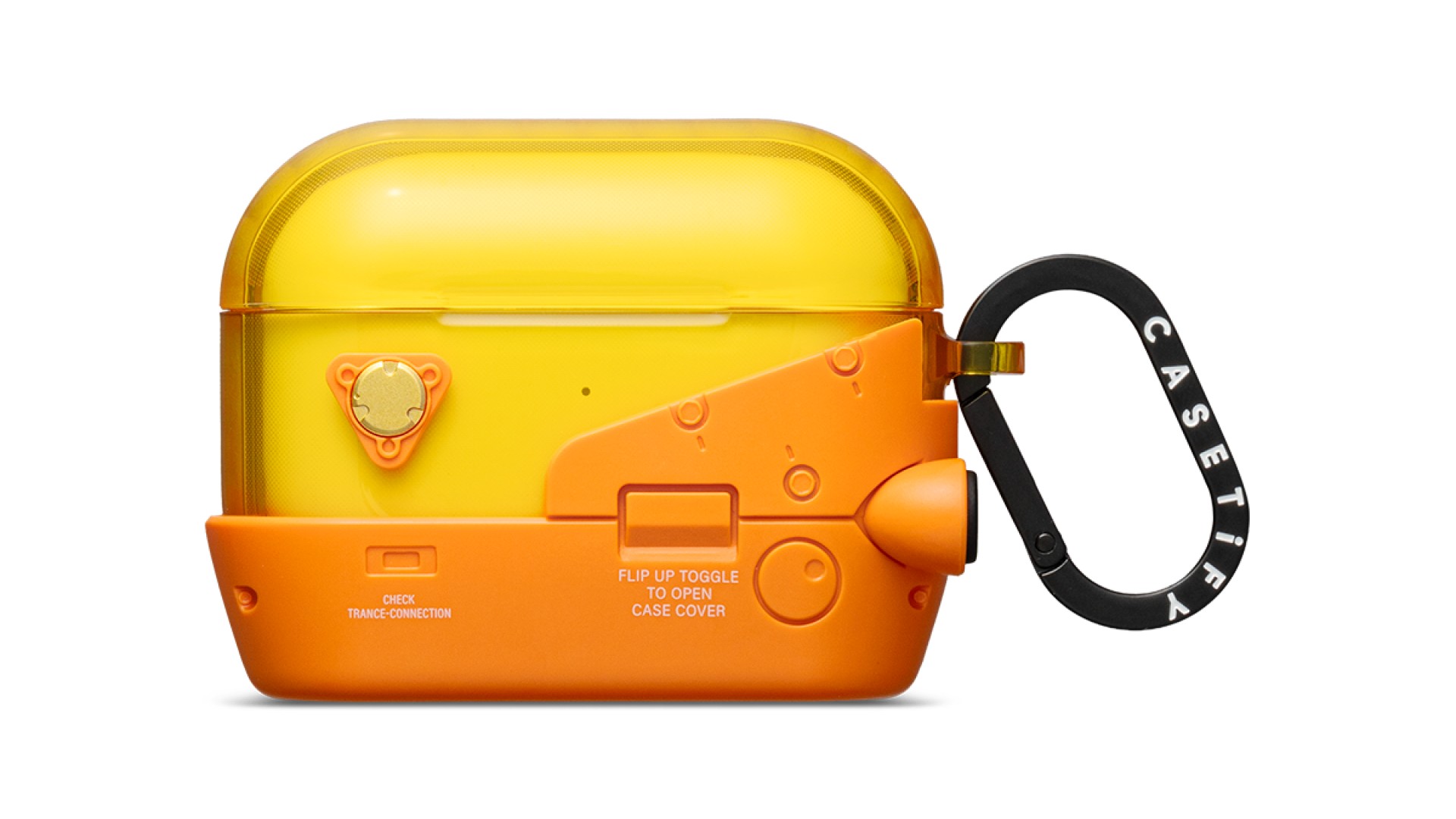 Orange BB Pod styled Casetify AirPods case on a white background