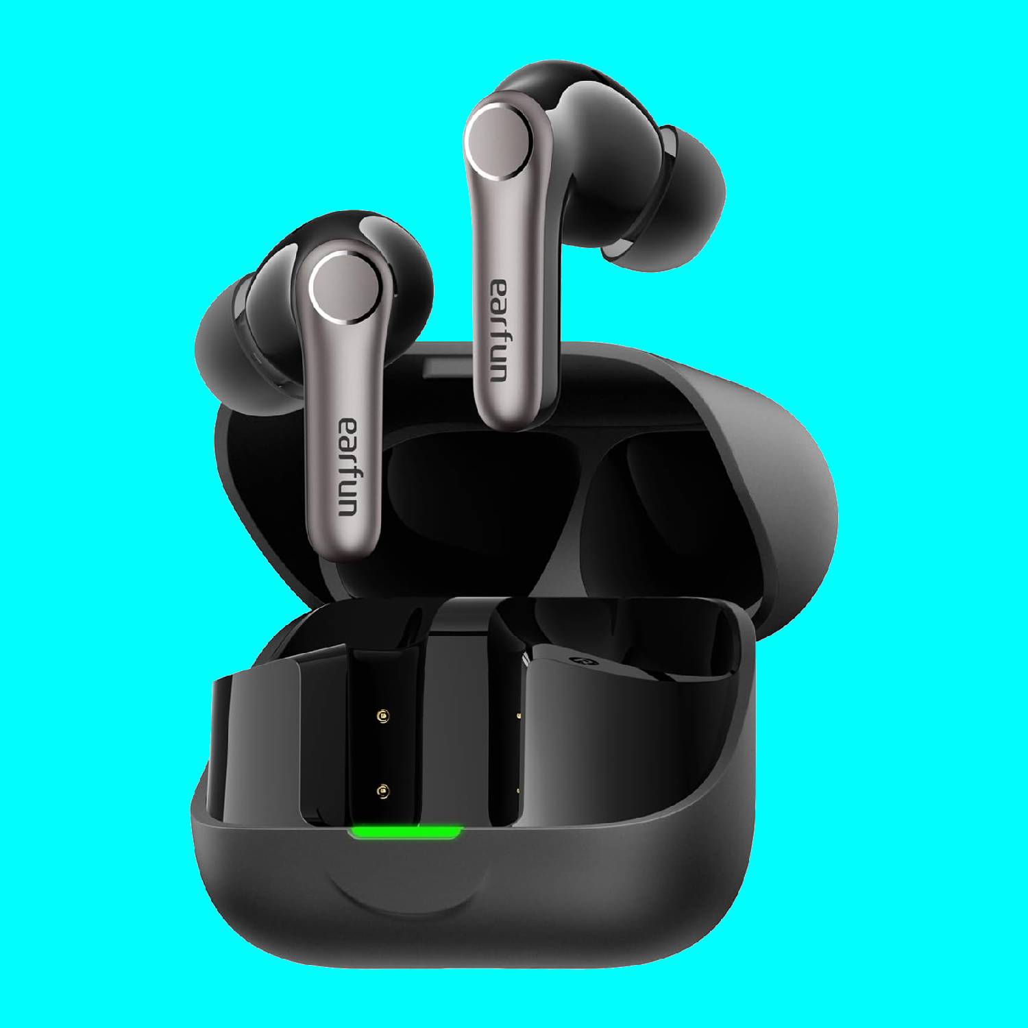 A pair of EarFun Air Pro 4+ earbuds in their charging case on a turquoise background.