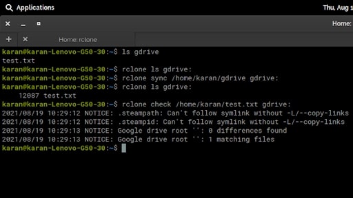 Rclone's command line interface in use