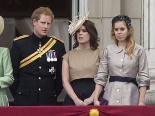 LONDON, ENGLAND - JUNE 13: Prince Harry with Princess Eugenie and Princess Beatrice during the annual Trooping The Colour ceremony at Buckingham Palace on June 13, 2015 in London, England. (Photo by Mark Cuthbert/UK Press via Getty Images)