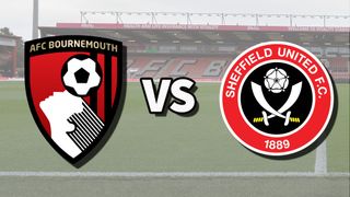 The AFC Bournemouth and Sheffield United club badges on top of a photo of the Vitality Stadium in Bournemouth, England