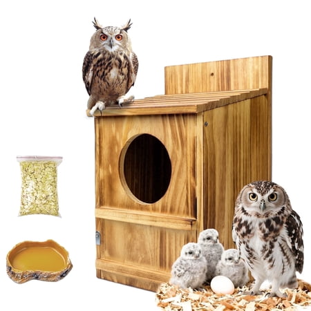 Handmade Wooden Owl House for Outdoors, Carbonized Nesting Box for Screech &amp;amp; Barn Owls With Water &amp;amp; Bait Bowl, Nesting Shavings Included, Bird House, Easy Assembly, Boxes for Outside, 14.5"x9"x7.5"
