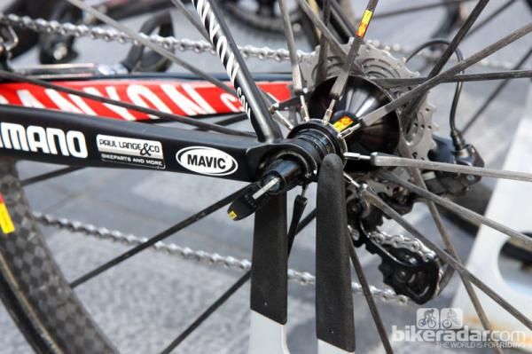 Several teams modify their usual bikes with special dropouts to lend greater tire clearance and a longer wheelbase but these look like standard-issue on this Katusha Canyon Ultimate CF SLX.