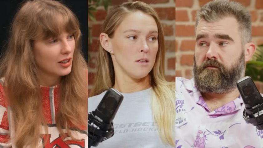 From left to right: Taylor Swift in her End of an Era docuseries looking to her right, Kylie Kelce looking to her right on Not Gonna Lie and Jason Kelce looking to his left on Not Gonna Lie. 