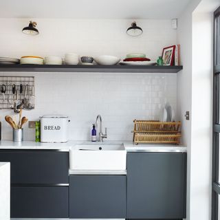 kitchen with grey cabinets and white washbasin