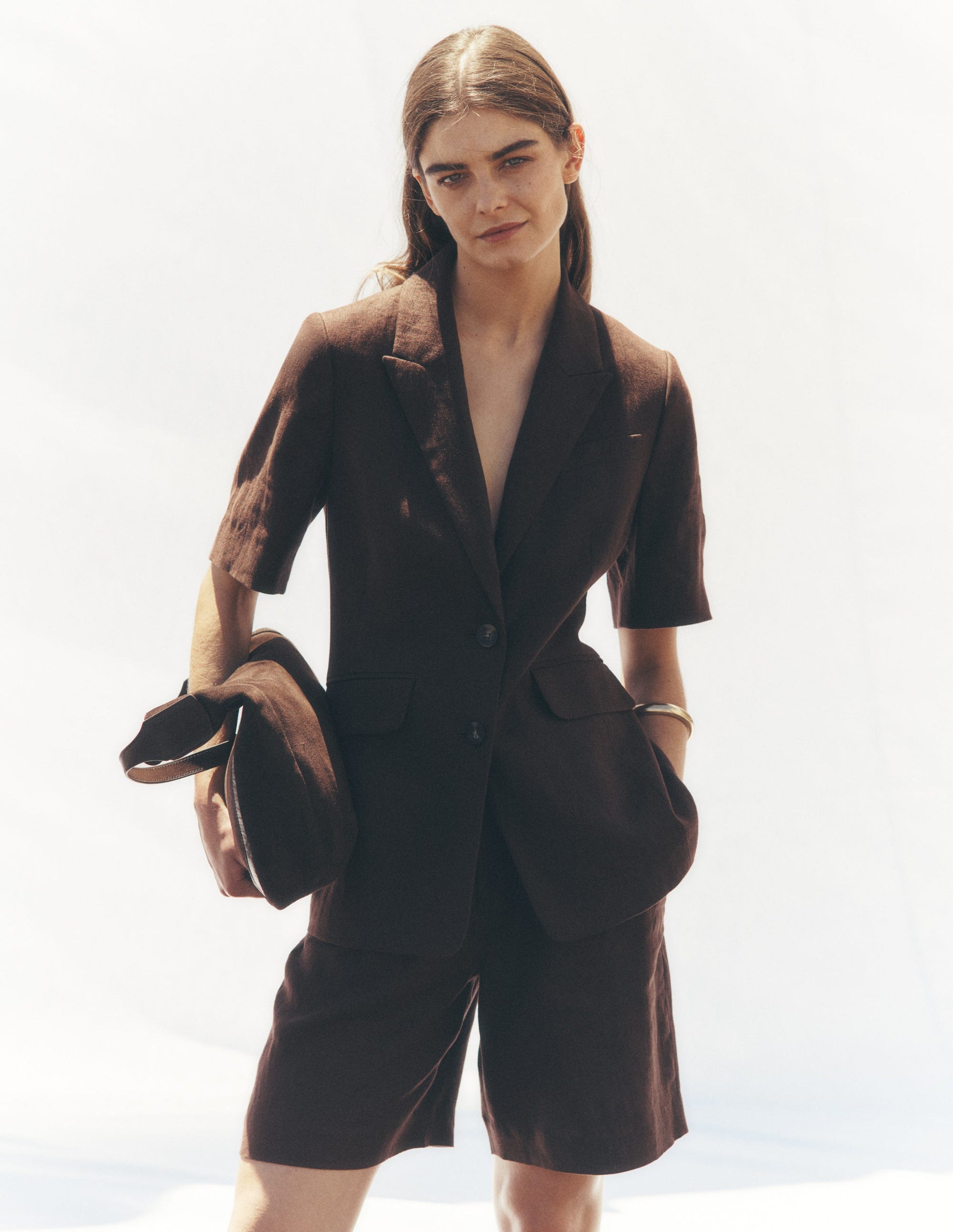 Chelsea Belted Linen Shorts-Bitter Chocolate