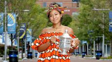 Japanese tennis star Naomi Osaka poses with the US Open trophy 