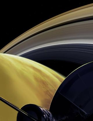 An artist's depiction of the Cassini spacecraft's view as it completed the "Grand Finale" of its mission in 2017.