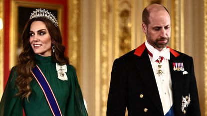 Catherine, Princess of Wales and Prince William, Prince of Wales arrive to attend a State Banquet in St George's Hall, at Windsor Castle, in Windsor, on March 18, 2026