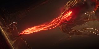 A dragon emits orange-red strands of electricity