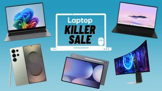 Samsung Galaxy Book 4 Edge laptop, Galaxy S25 Ultra smartphone, Galaxy Tab S10 Ultra tablet, Samsung Galaxy Chromebook Plus, and 49-inch Samsung QD-OLED Curved gaming monitor against a blue gradient background.