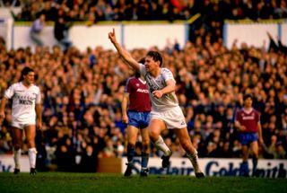 Clive Allen celebrates a goal for Tottenham against West Ham in 1987.