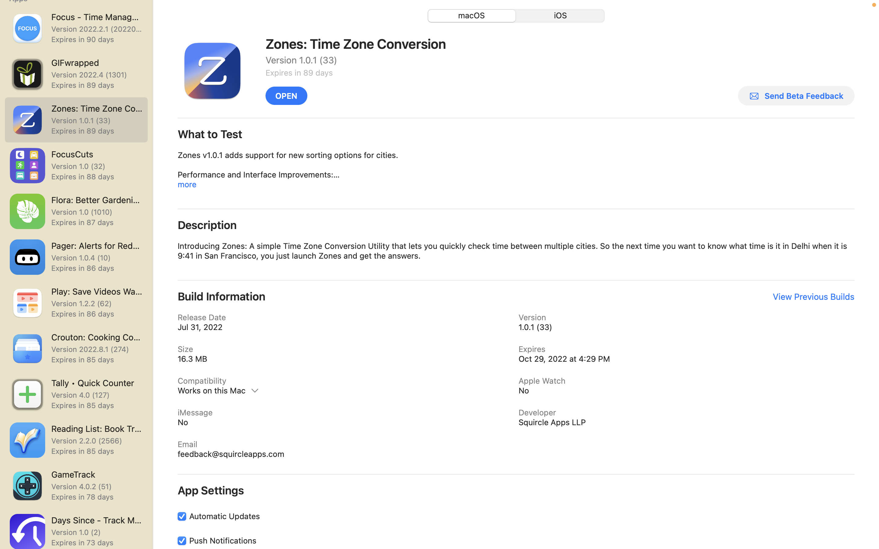 Screenshot of the TestFlight app