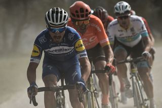 Julian Alaphillipe on the front at the 2019 Strade Bianche