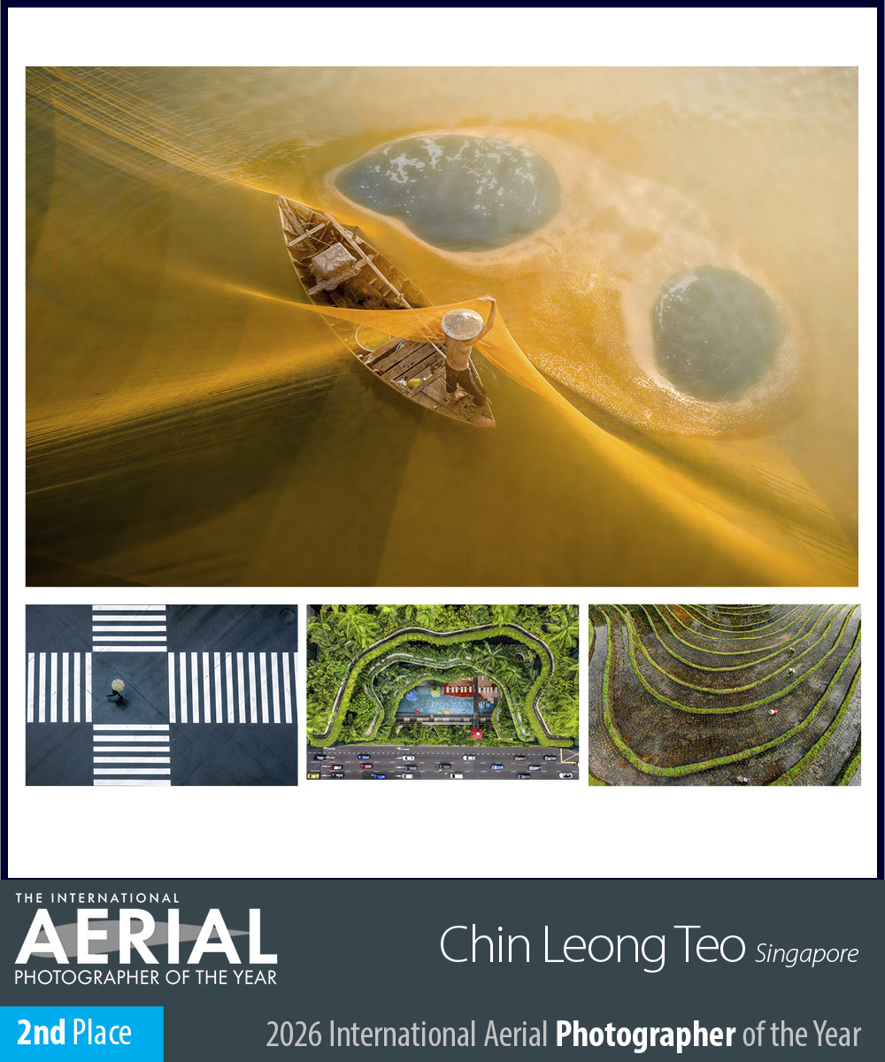 Collage showcasing the work of Chin Leong Teo, featuring a large top image of a fisherman in a golden net and three smaller aerial shots of a crosswalk, a lush building courtyard, and terraced fields.