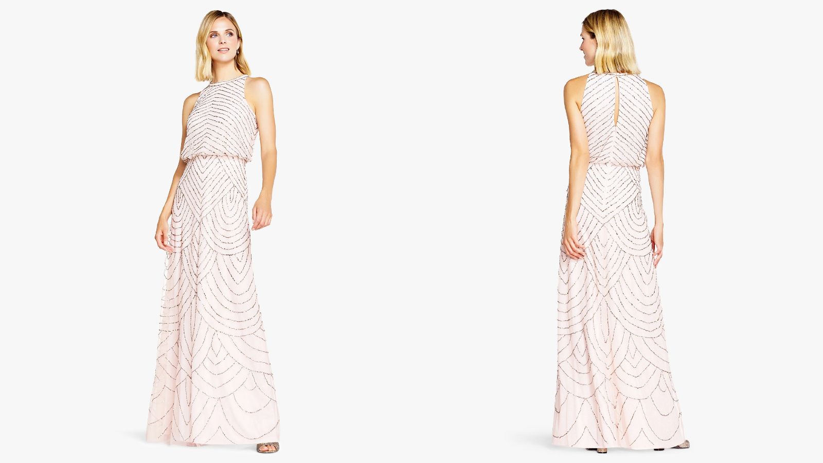 Adrianna Papell Art Deco Beaded Blouson Dress with Halter Neckline