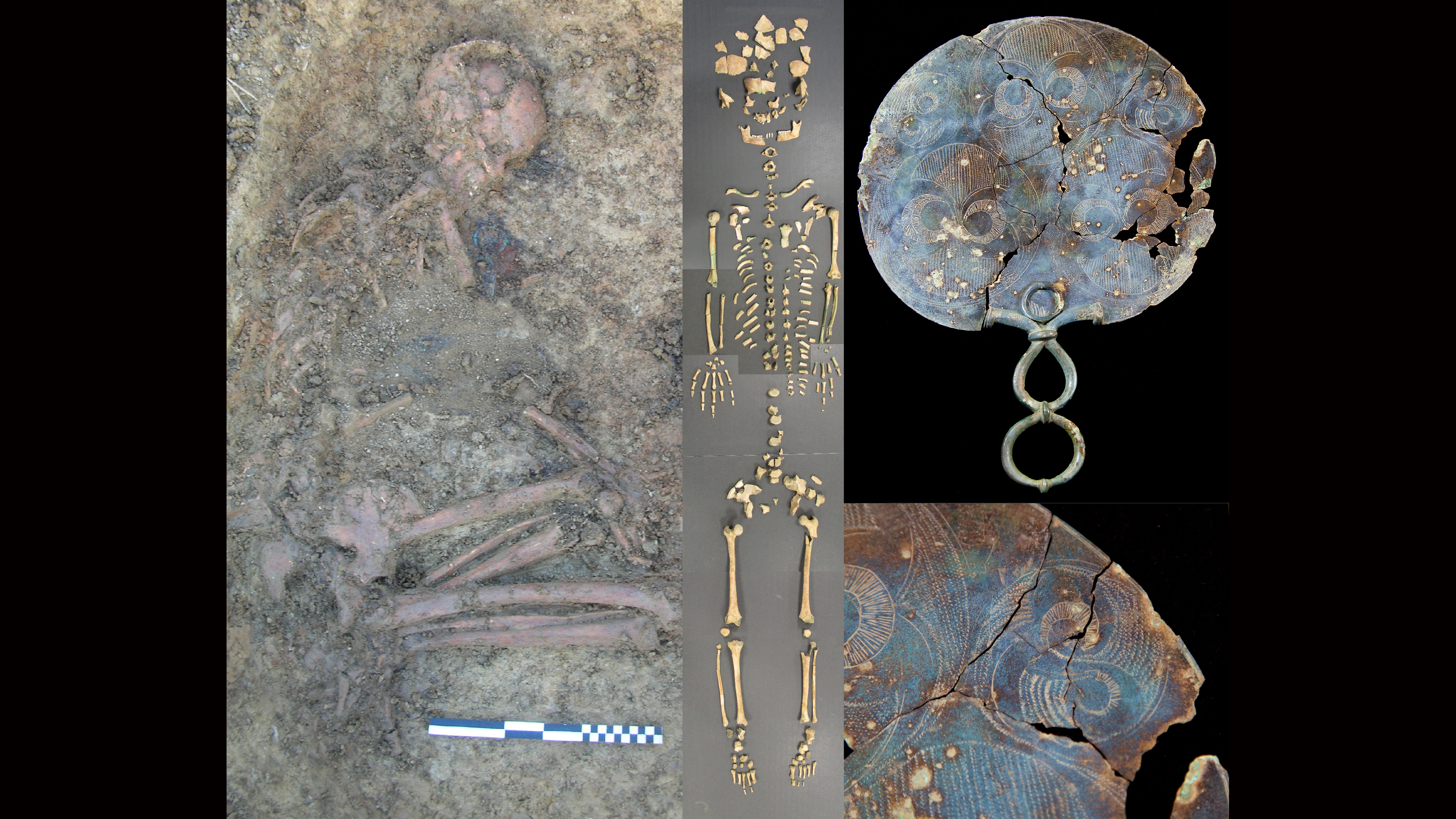 Composite image consisting of a skeleton lying on its left side in the ground, the skeleton laid out on a grey table, and a metal mirror that the woman was buried with.