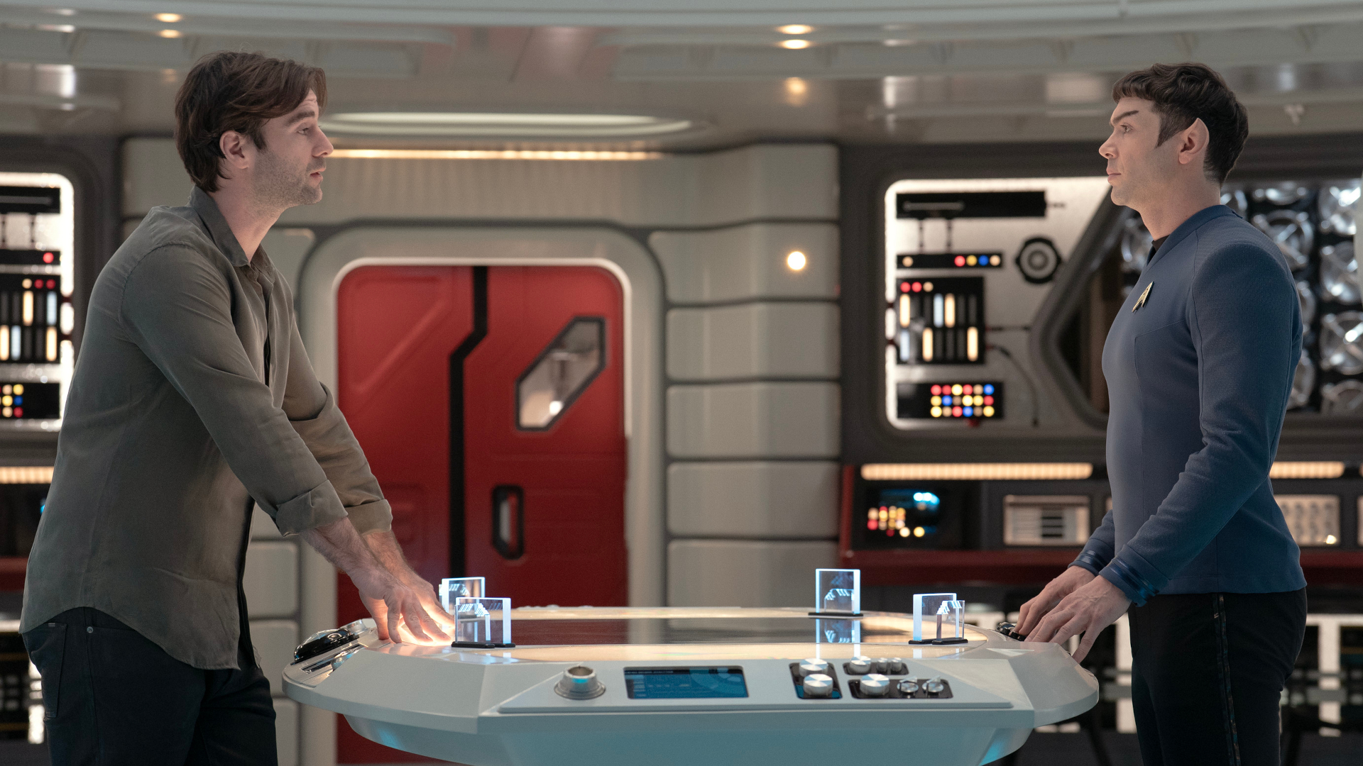 L to R Cillian O'Sullivan as Dr. Roger Korby and Ethan Peck as Spock in season 3 , Episode 2 of Strange New Worlds streaming on Paramount+. Photo Credit: Marni GrossmanParamount+