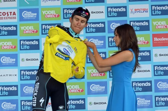 Michal Kwiatkowski (Omega Pharma-QuickStep) accepts the yellow jersey in Bristol.