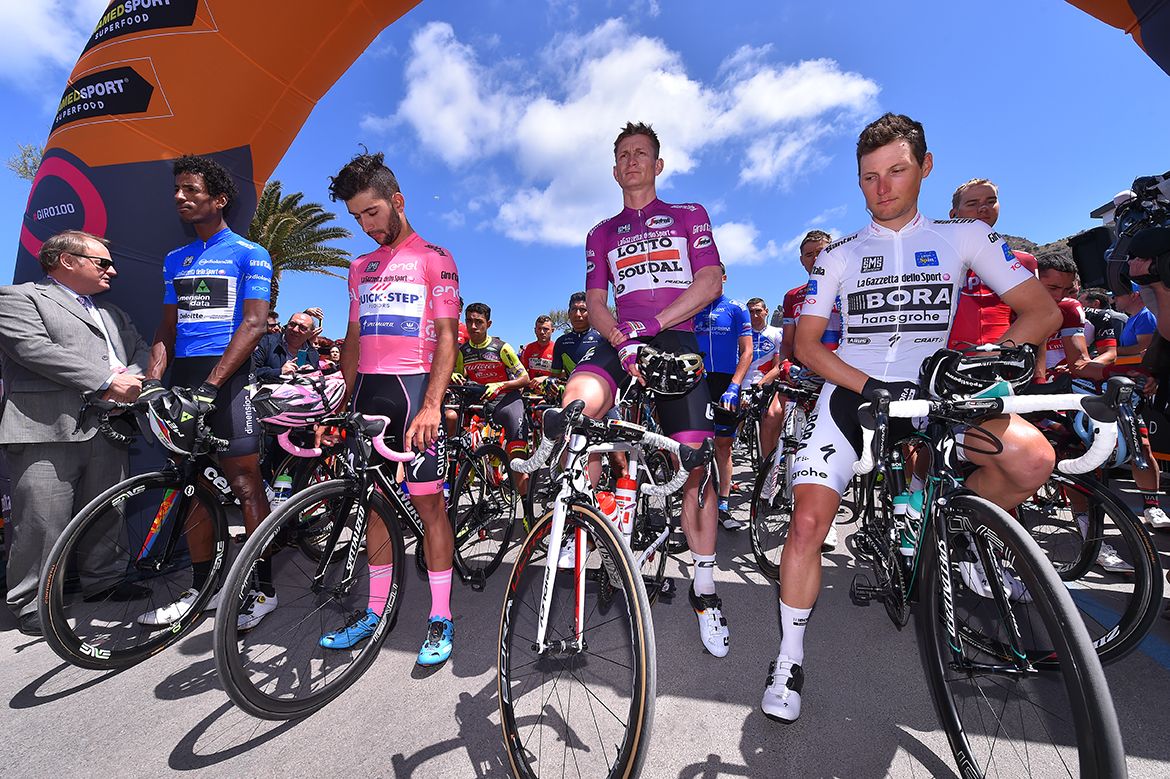 The jersey holders at the start of stage 4 of the Giro d'Italia