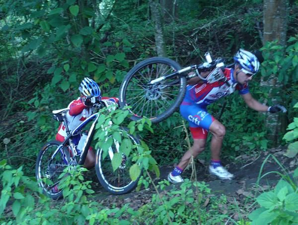 Luis Mejia leads Federico Ramirez during stage three even though he was disqualified right before the start.