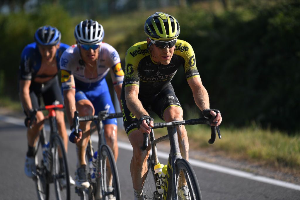 SIENA ITALY AUGUST 01 Brent Bookwalter of The United States and Team MitcheltonScott Zdenek Stybar of Czech Republic and Team Deceuninck QuickStep Michael Gogl of Austria and NTT Pro Cycling during the Eroica 14th Strade Bianche 2020 Men a 184km race from Siena to SienaPiazza del Campo StradeBianche on August 01 2020 in Siena Italy Photo by Tim de WaeleGetty Images