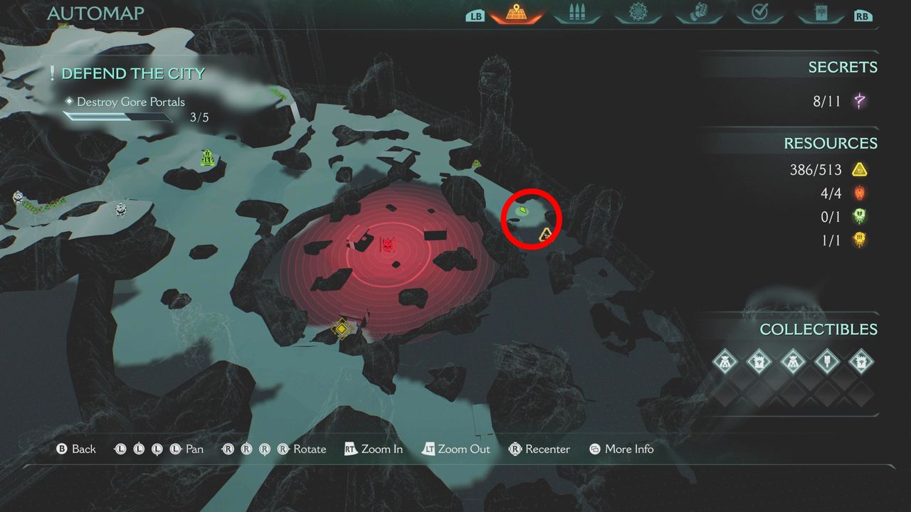 Doom: The Dark Ages artillery cannon locations Siege Part 1 - A map showing the location of the fourth artillery near a gore portal on the right side.