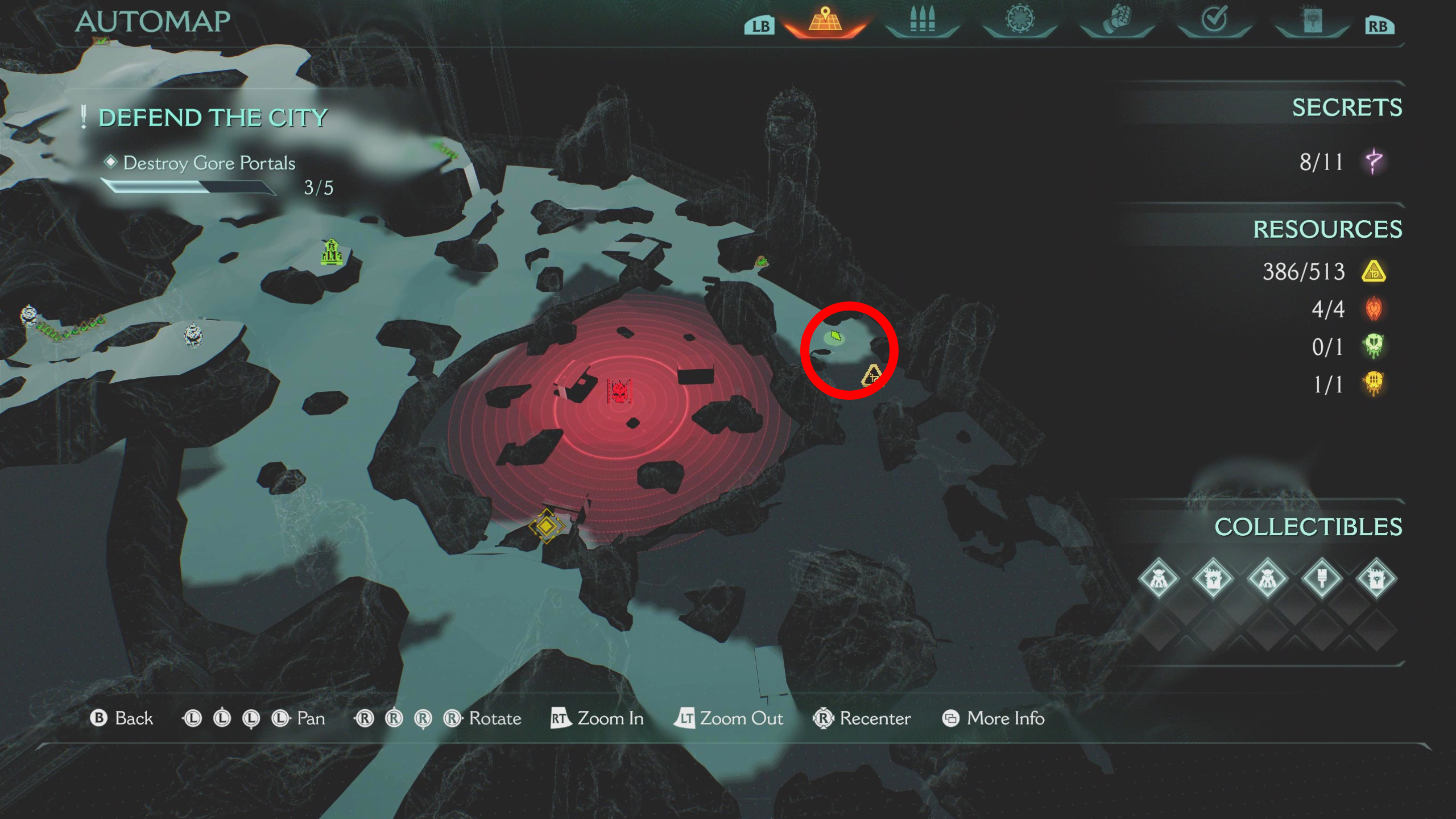 Doom: The Dark Ages artillery cannon locations Siege Part 1 - A map showing the location of the fourth artillery near a gore portal on the right side.
