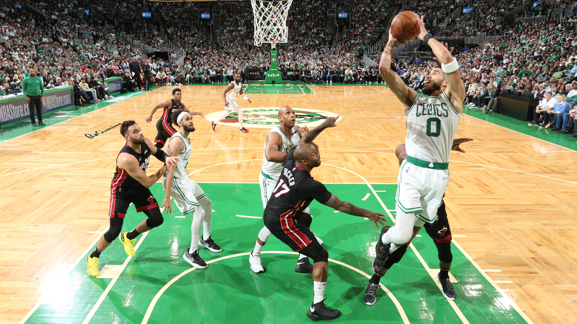 Jayson Tatum #0 of the Boston Celtics shoots the ball against the Miami Heat