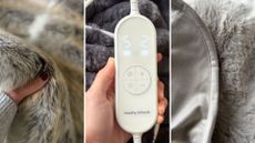Three images of electric blankets and heated throws. The far left is Laura's hand holding a sherpa heated throw, the middle is Laura holding the Morphy Richard's temperature controller and the far right is the two textures of The White Company's electric blanket. All three show different types of electric blanket mistakes that some people make