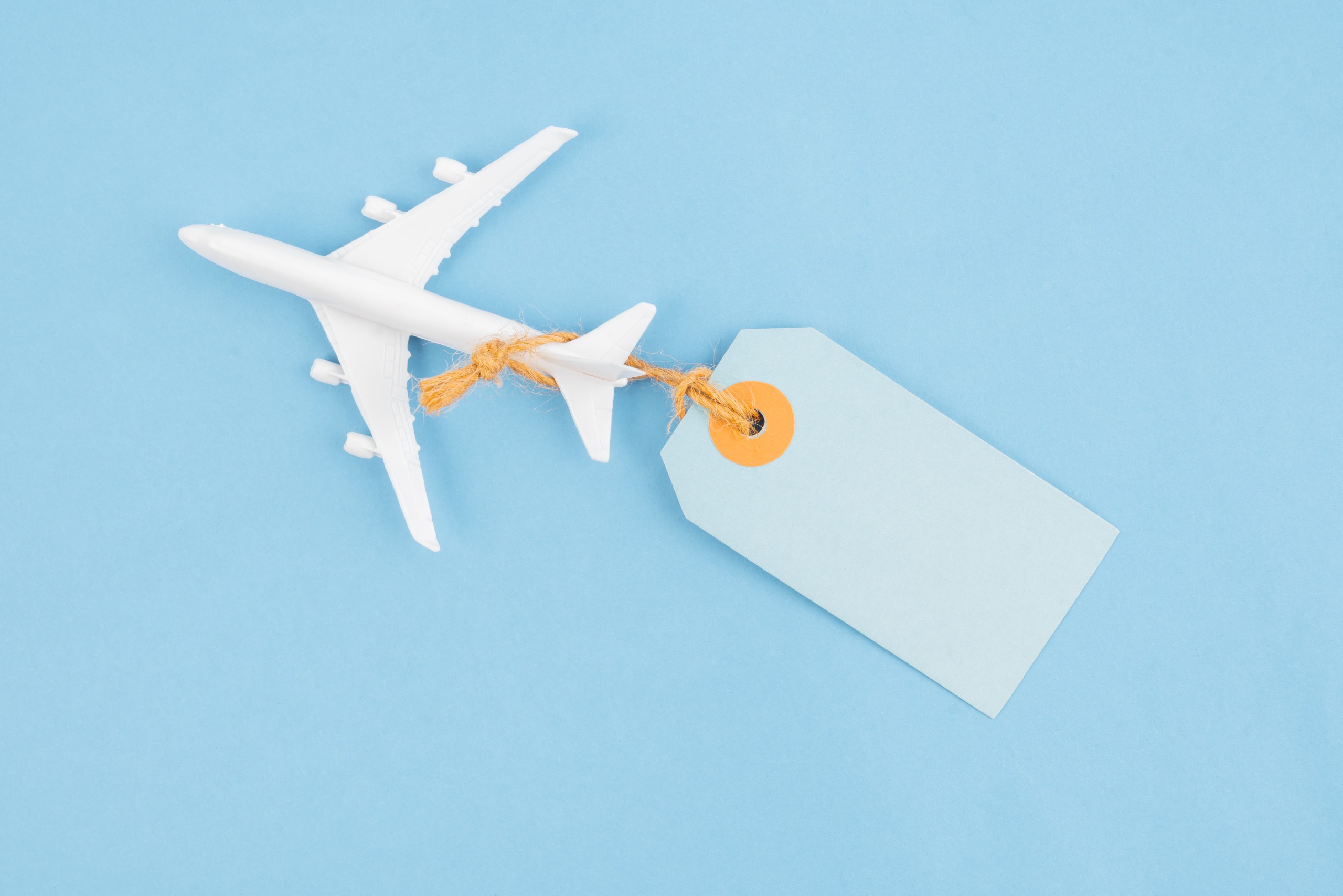 A toy airplane has a blank price tag tied to the tail.