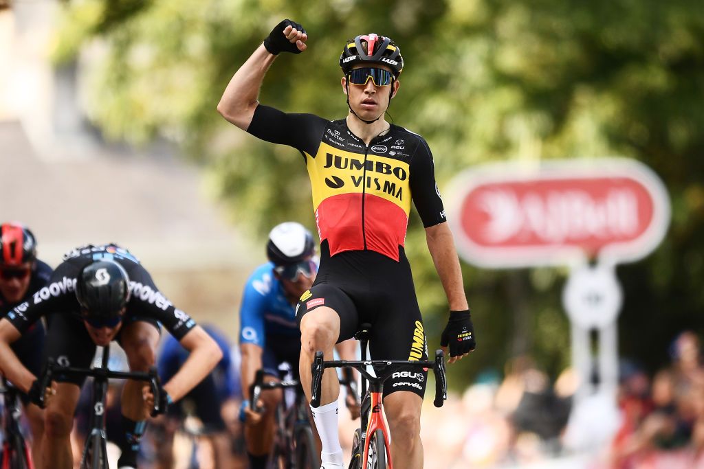BODMIN ENGLAND SEPTEMBER 05 Wout Van Aert of Belgium and Team Jumbo Visma celebrates winning during the 17th Tour of Britain 2021 Stage 1 a 1808km stage from Penzance to Bodmin TourofBritain TourofBritain on September 05 2021 in Bodmin England Photo by Harry TrumpGetty Images